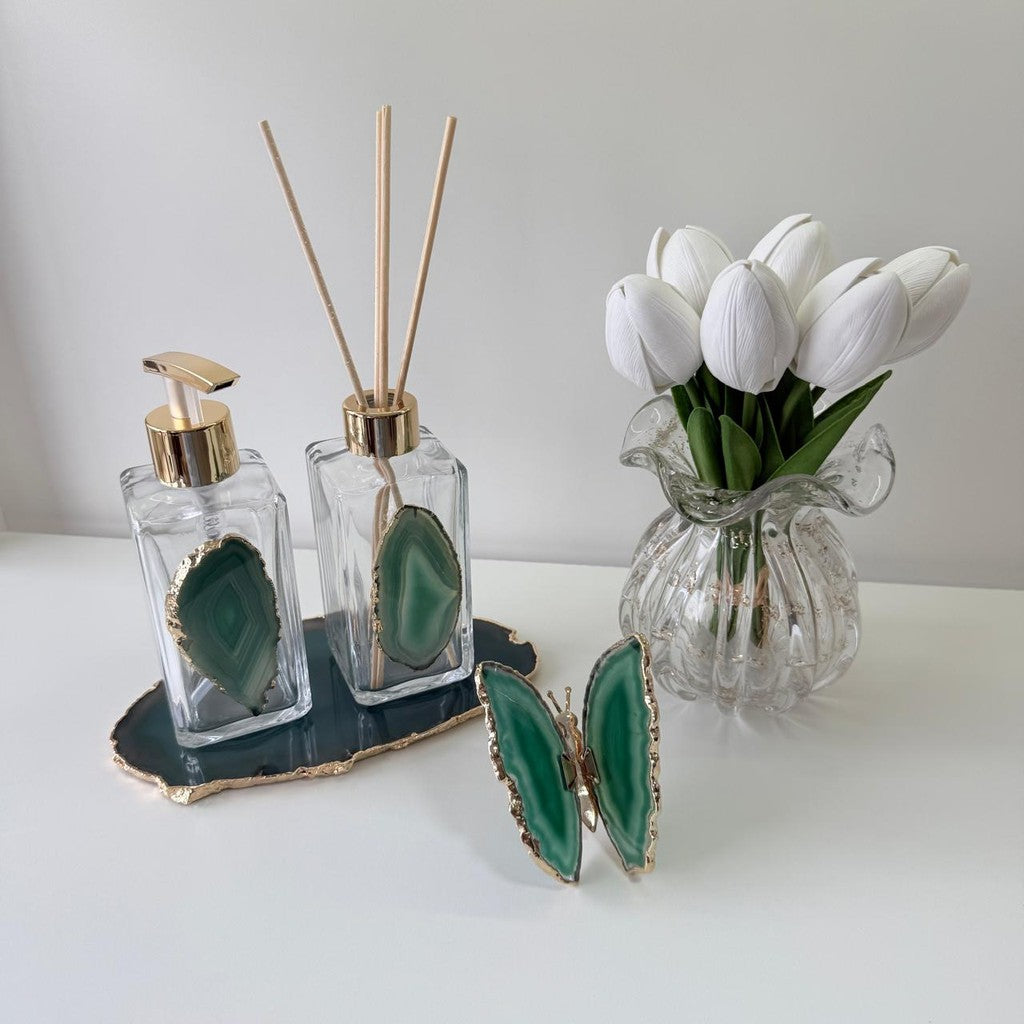 Kit Lavabo Difusor e Saboneteira Pedra Ágata Verde